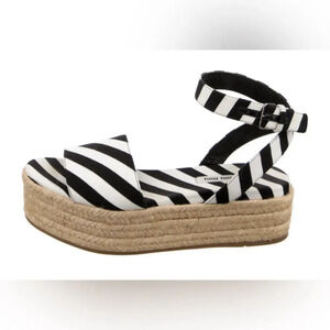 MIU MIU Canvas Black & White Striped Cloth Espadrilles. Buckle ankle straps.